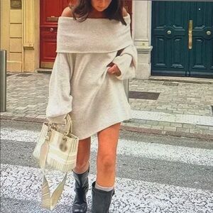 Off-Shoulder Cream Sweater Dress